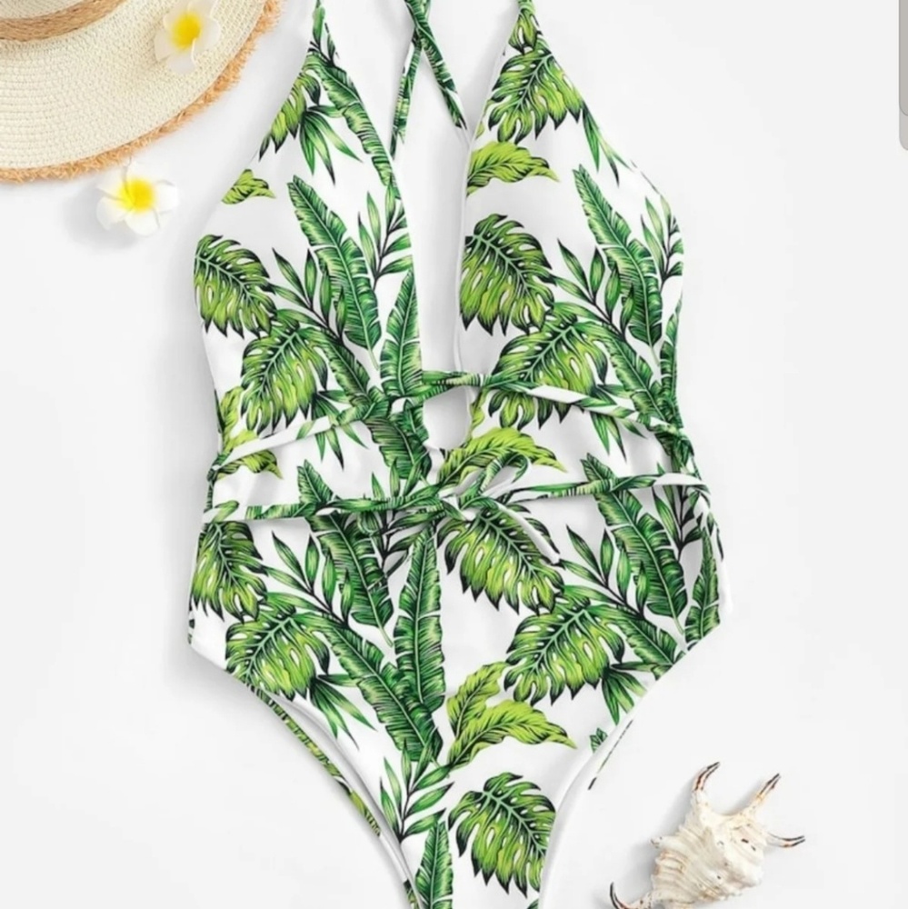 one piece tropical green bathing suit